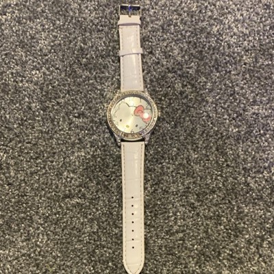 Hello Kitty Animation Watch White Leather Band Stainless Steel Case Analog