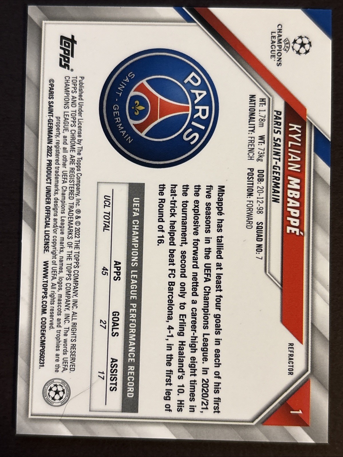 2021-22 Topps Chrome Uefa Champions League - Kylian Mbappe #1 Refractor view 2