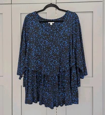Susan Graver Top Tiered Tunic Shirt Sz 3X Black Blue Liquid Knit 3/4 Sleeve 