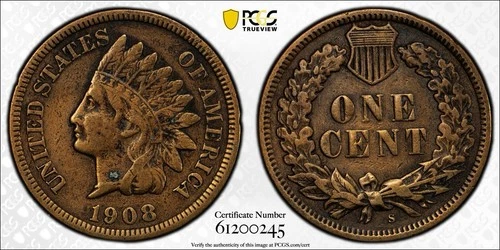 1908 S Indian Head Penny PCGS Genuine Corrosion Removed VF Detail #0015