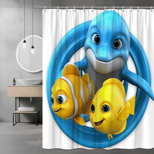 Dolphin and Fish Shower Curtain Blue Yellow Ocean Graphic