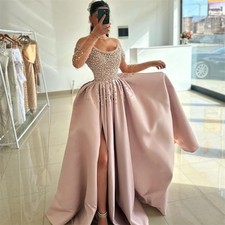 Evening Dresses Shiny Sequins Prom Dress with Pearl Lace High Slit Ball Gown