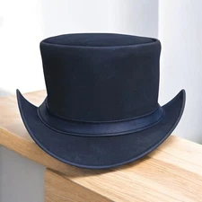Navy Blue Leather Top Hat Handmade Steampunk Western Real Leather Hat