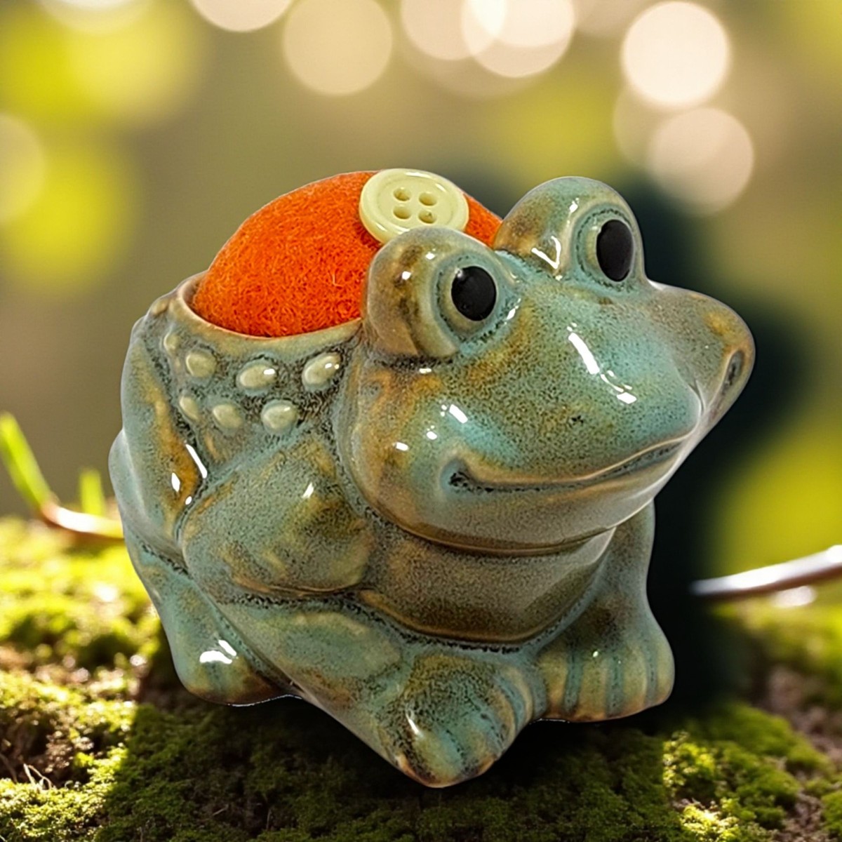 Vintage Green Ceramic Frog Pin Cushion w/ Orange Felt & Button