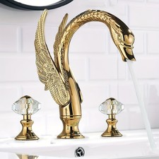 8" Gold Widespread Swan Bathroom Facuet 3 Hole 2 Crystal Handle Vanity Faucet