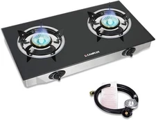 Camplux Propane Gas Cooktop Tempered Glass Double Burners Stove Auto Ignition LP