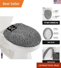 Machine Washable Plush Gray Chenille Toilet Lid Cover - Secure Fit 19.5"x18.5"