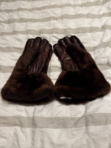 Genuine Fur Gloves Leather Luxury Unisex Dark Brown Mink, Rabbit Fur Lined Sz M - Picture 13 of 16