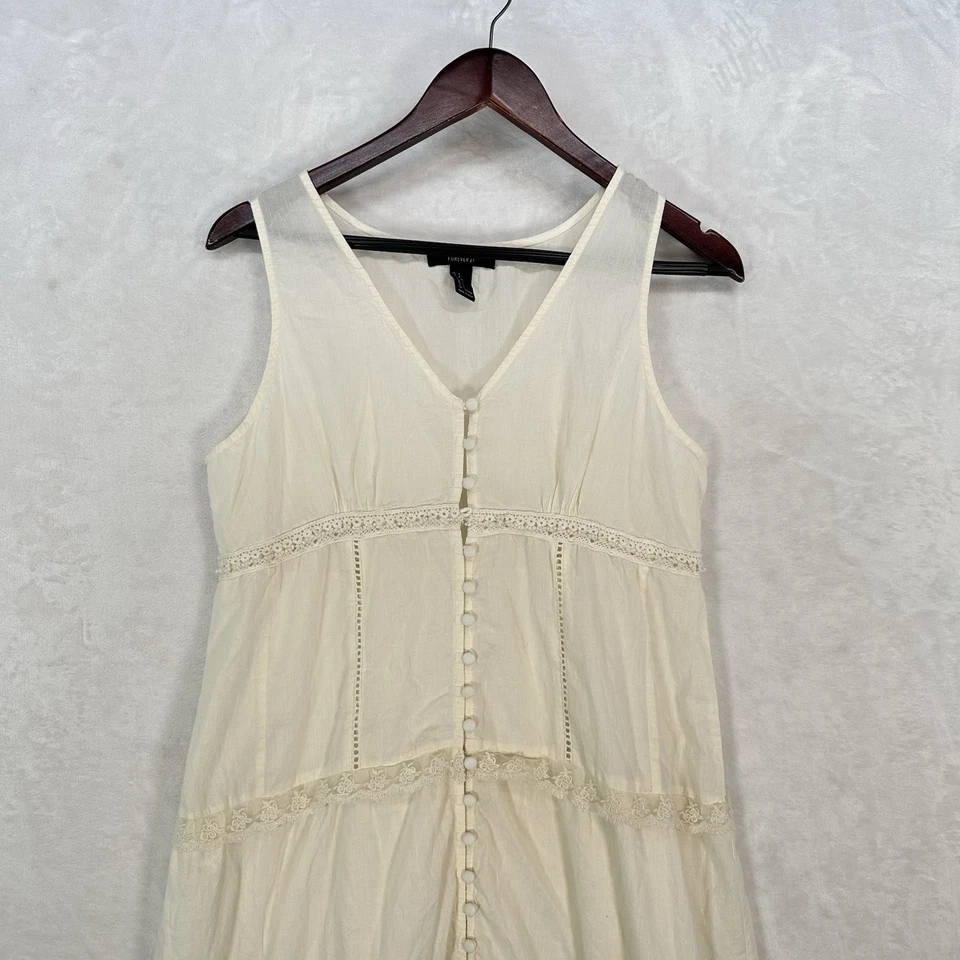 Forever 21 Dress Women L Ivory Lace Floral Maxi Crochet Country Cottage Button - Image 2 of 4