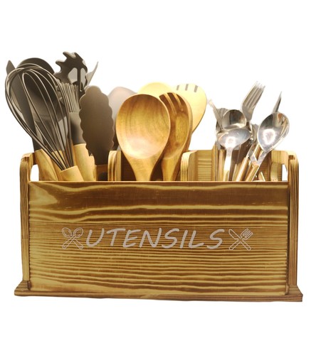 Utensil Holder Rustic Wood White Large Farmhouse Spatula Organizer for Kitche...