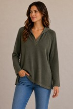 J Jill Olive Hooded Tunic Sweater Minimalist Coastal Casual Lightweight Knit M