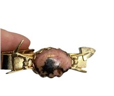 VTG c1950s Gold Tone Mining Shovel & Pick Axe w/ Rhodonite (?) Stone Tie Clip