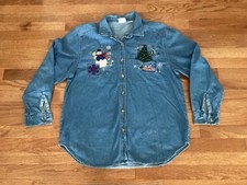 Vtg Bobbie Brooks Shirt Womens Denim Size L Christmas Tree Snowman Embroidered