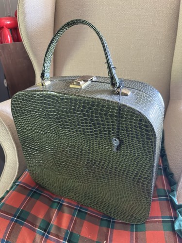 Sac de voyage vintage années 70 vanity rétro vert crocodile