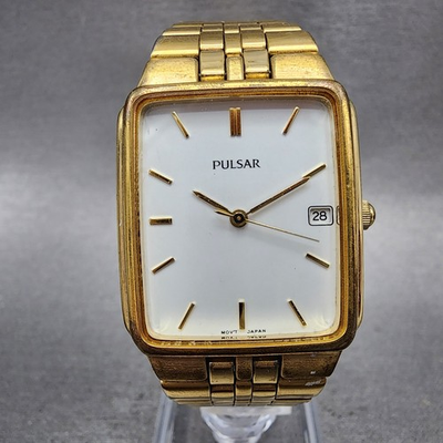 #ad Pulsar Tank Watch Men 27mm White Dial Gold Tone Date Rectangle VX32 X154 New Bat $31.99