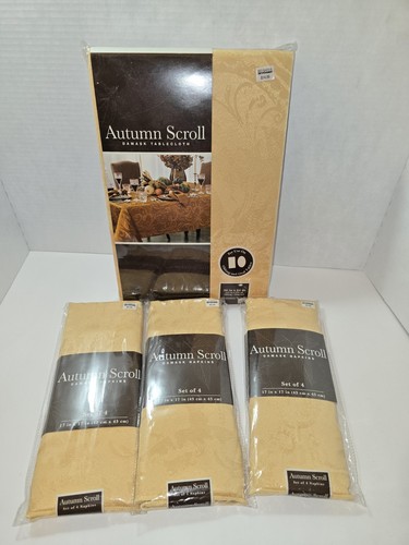 Town & Country Autumn Scroll Tablecloth & Napkins Set Gold Damask 60x84 Oblong - Picture 3 of 14