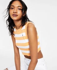 Tommy Jeans Women's Striped Cropped Sweater Tank Top - Orange & White, Size L