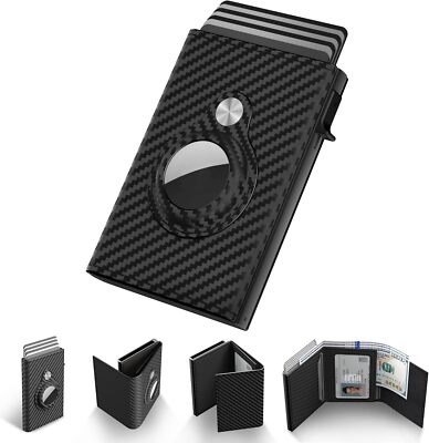 Mens Smart Wallet Card Holder for AirTag: Leather, Carbon Fiber Black 