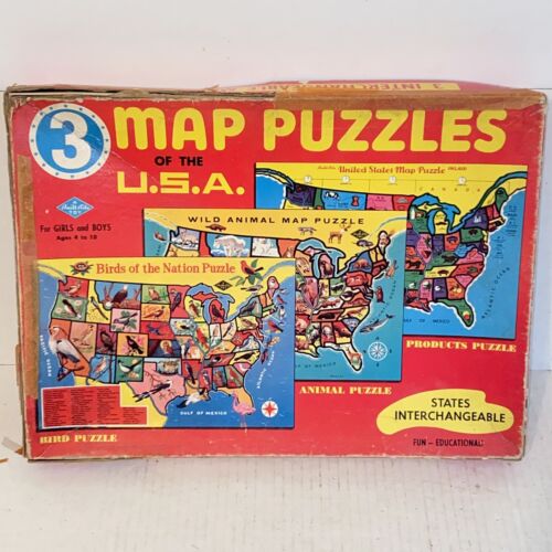 Vintage 3 Interchangeable Map Puzzles of the USA Animals Birds A Built Rite Toy