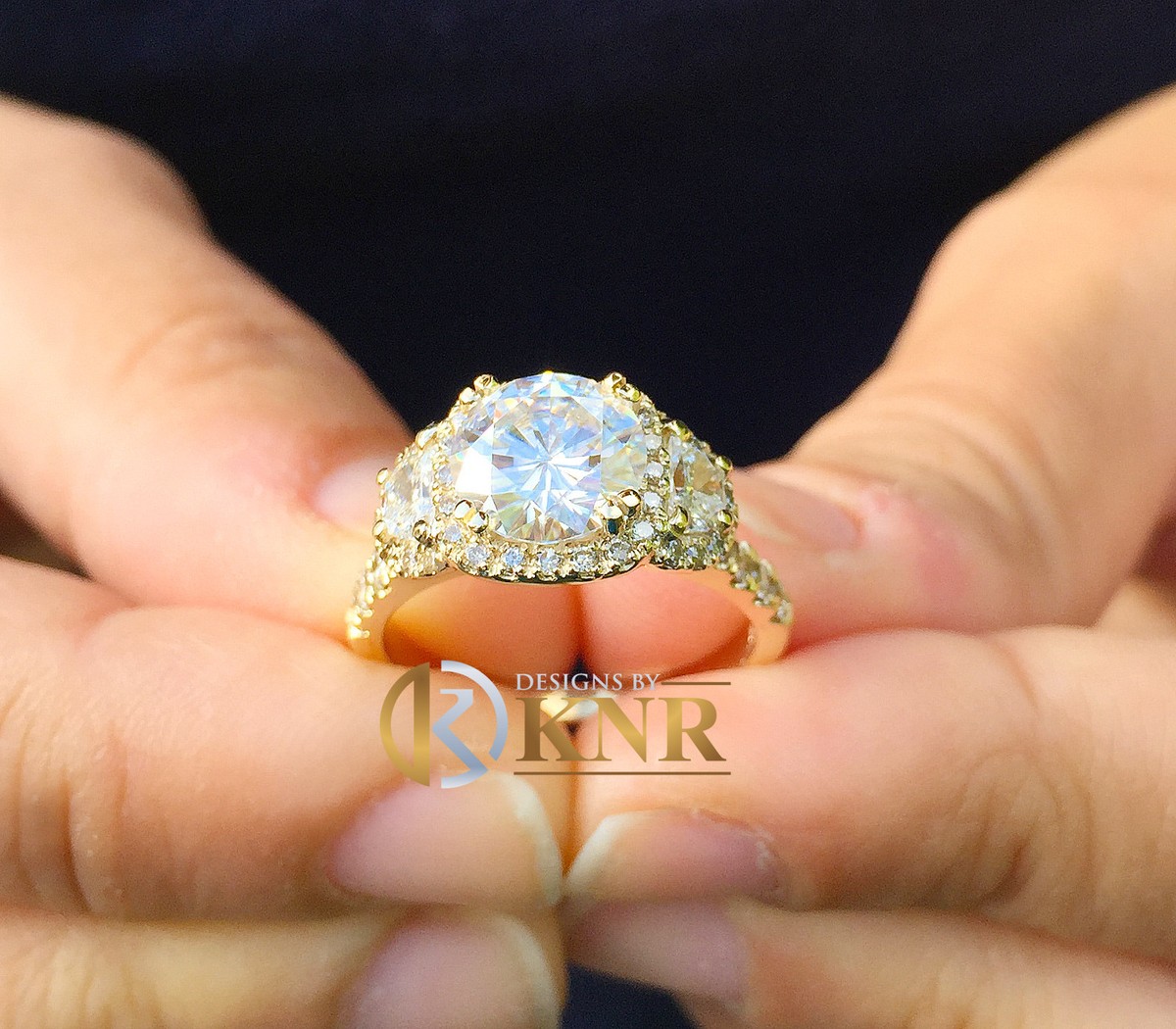 14K YELLO GOLD ROUND DIAMOND ENGAGEMENT RING HALO BRIDAL HALF MOON