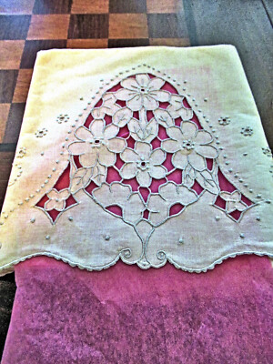 Pair Pillow Cases Std Handmade Lace Lt-Blue Embroidery Floral Orig Madeira Label