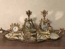 Globe 24k Gold Plated Vanity Tray Perfume Bottle Clock Box Beveled Glass