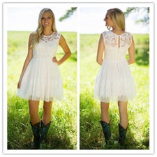 Short Mini White Ivory Country Lace Chiffon Beach Wedding Dresses Bridal Gowns