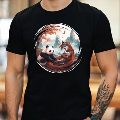 Mens Panda and Dragon Motif Cotton T-Shirt Size S to 5XL
