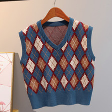 Check Lady Knitted Tank Tops Vest Waistcoat Gilet Sweater Jumper Vintage Classic