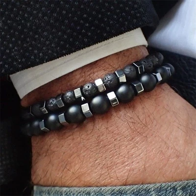 2x Bracciale pietra ematite lavica onice set braccialetti donna uomo - Imagen 1 de 2