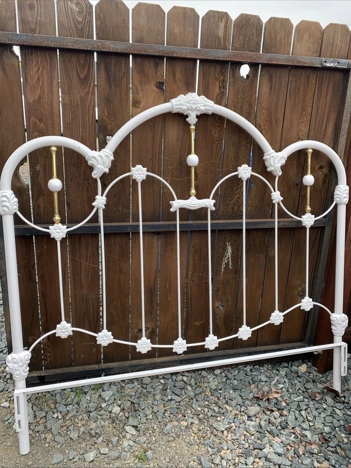 Antique 80’s Victorian STYLE Queen White Porcelain Metal Headboard - Image 2 of 4