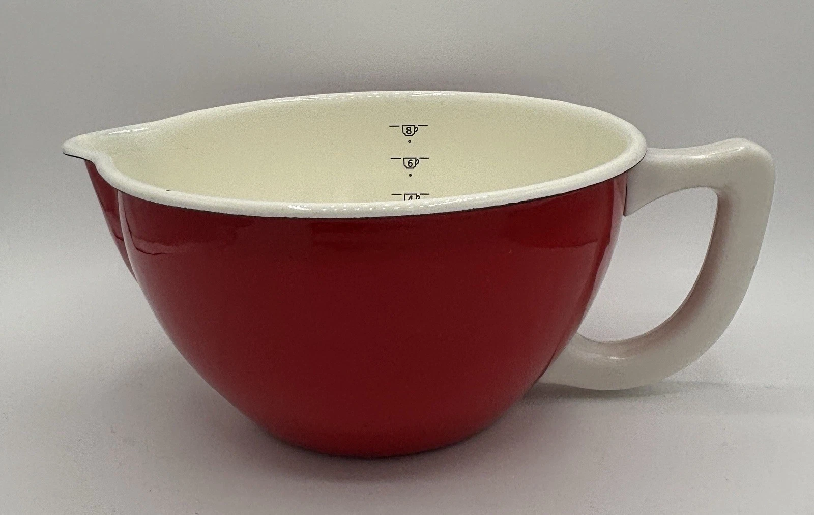 M Kamenstein Enamelware 8 Cup Batter/Mixing Bowl Red W/ White Interior & Handle