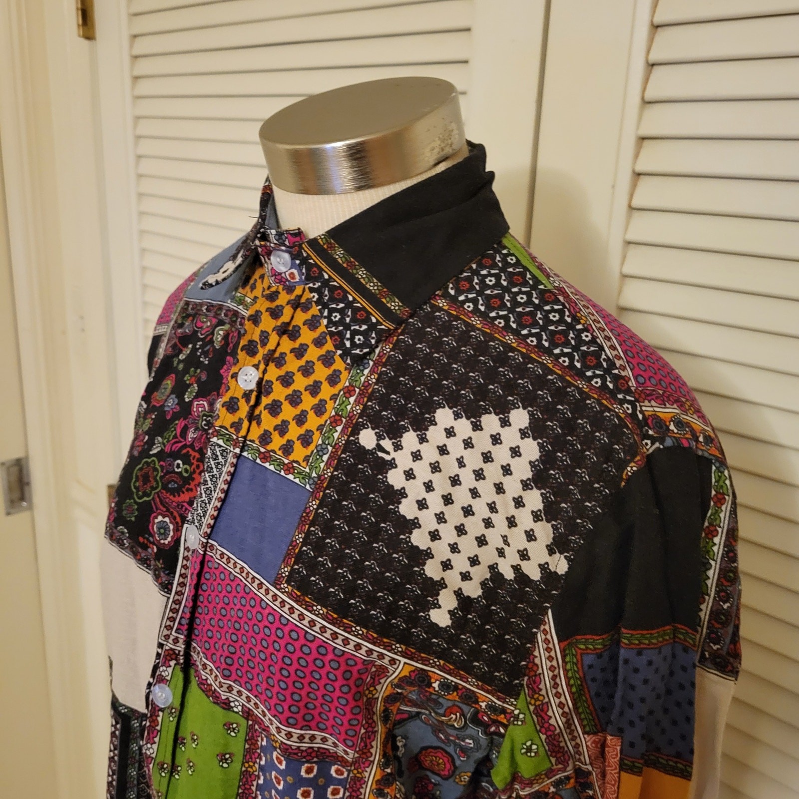 Boho Patchwork Cotton Linen Blend Button Down Blo… - image 2