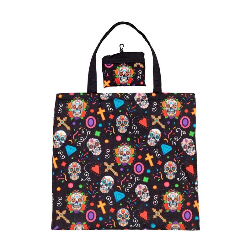 DAY OF THE DEAD RPET REUSABLE FOLDABLE SHOPPING TOTE BAG & CARRY POUCH BNWT PUK