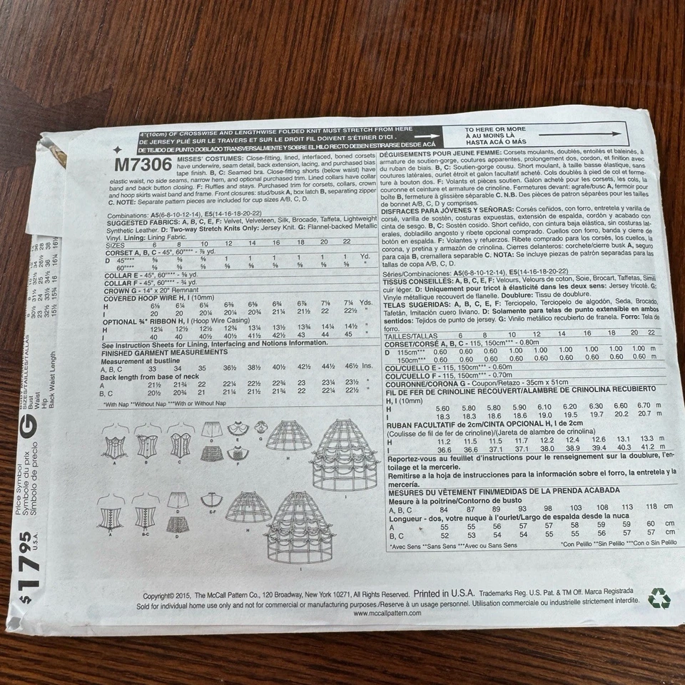 New Uncut McCalls 7306 Sewing Pattern Womens 6-14 Corset Skirt Gothic Steampunk - Image 3 of 4