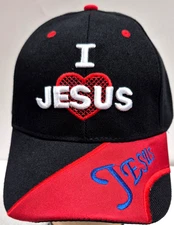 BALL CAP  I LOVE JESUS HAT BLACK WITH RED STRIPE ON BILL  ADJUSTABLE