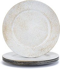 13" White Round Charger Plates Set of 6, Plastic Rattan Chargers for Dinner