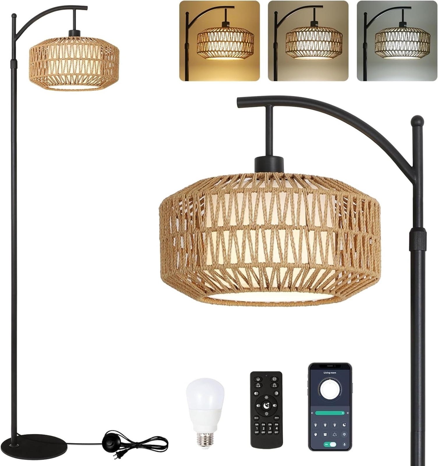 Arc Floor Lamps for Living Room, Dimmable Rattan Floor Lamp with Remote & LED Bu