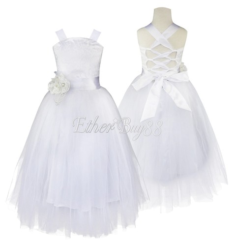 Kids Girls Rhinestone 3D flower Tutu Gown Princess Bridesmaid Wedding Long Dress - Picture 61 of 81