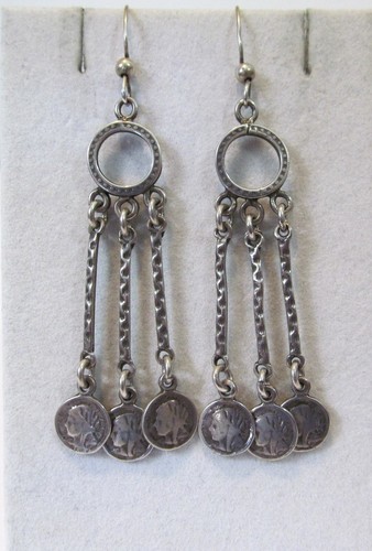 VTG Sterling Silver Textured Bars Faux Coins Discs Drop Dangle Fringe Earrings