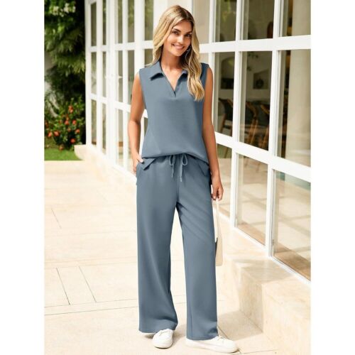 Women's 2-Piece Sleeveless Lounge Set with Wide Leg Pants Grey Medium