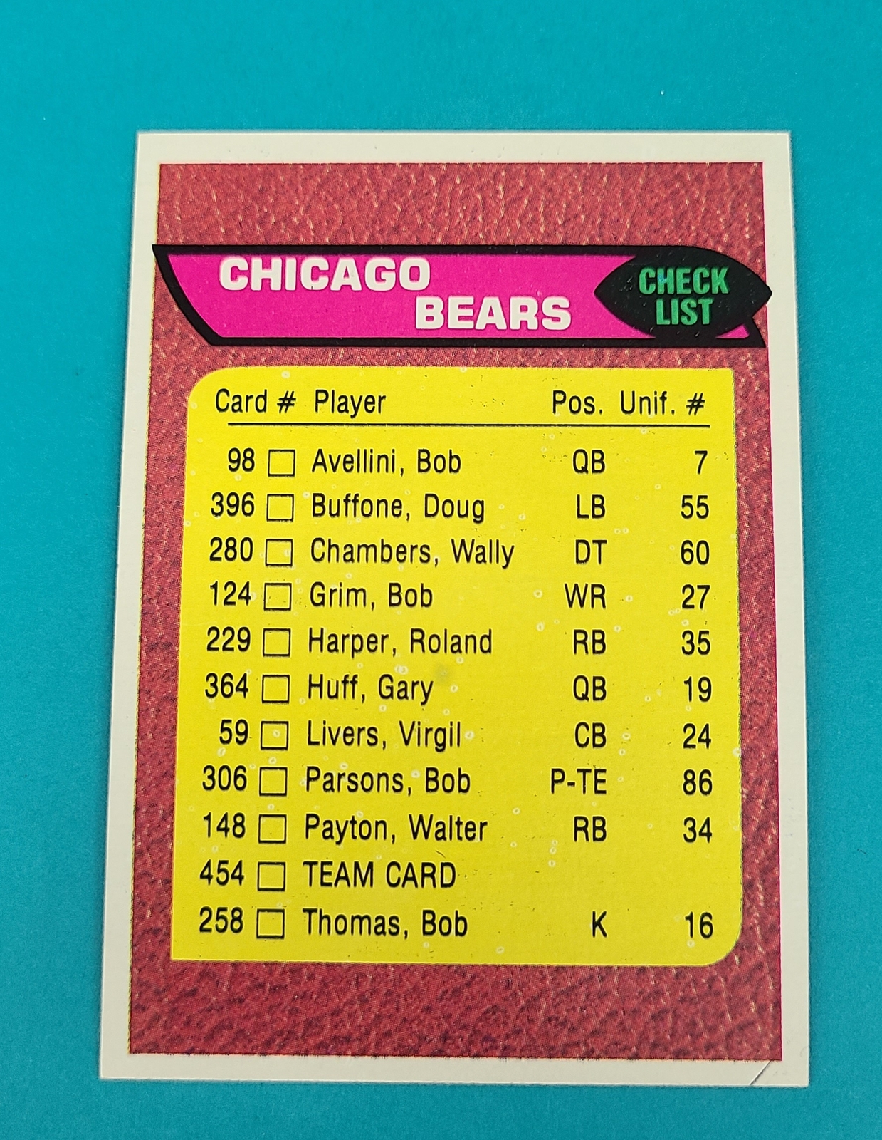 1976 Topps Team Checklist #454 Chicago Bears - Walter Payton FOOTBALL Card K4