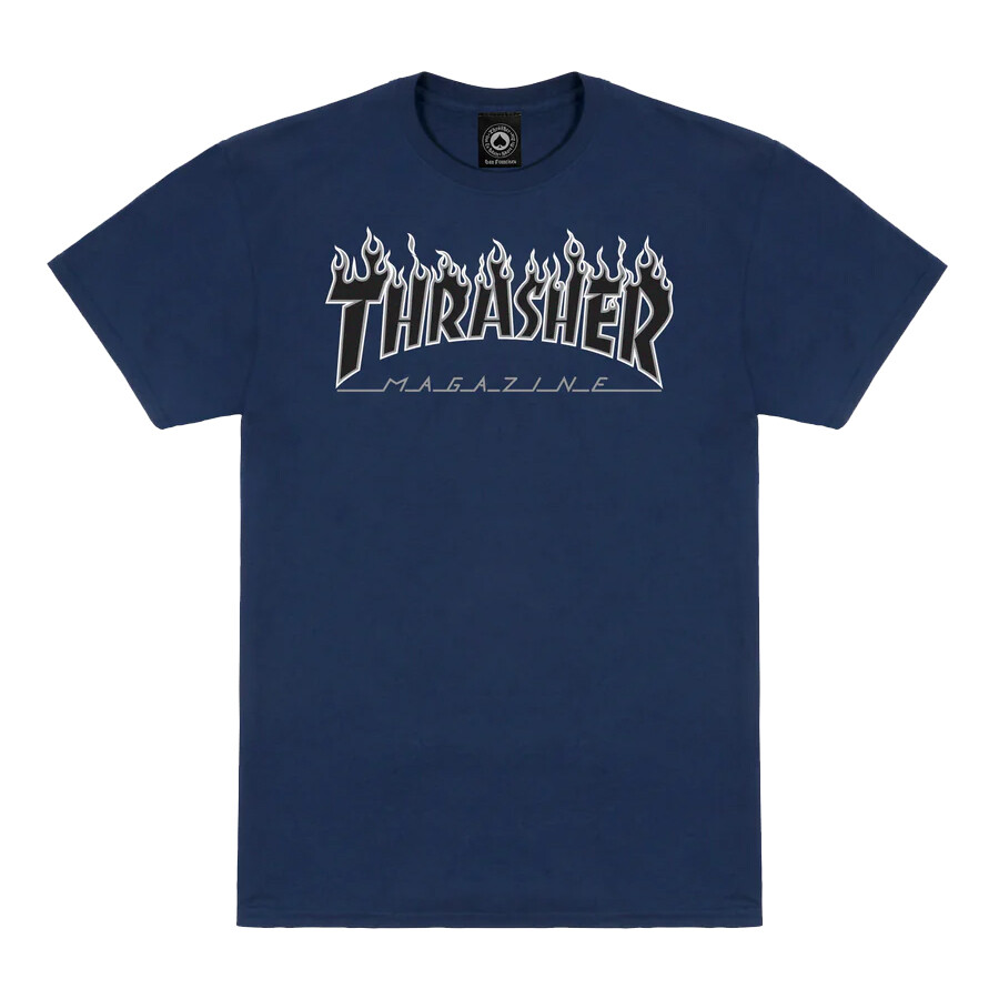 Sky Blue Thrasher Blue Flame Logo Thrasher Burn It Down Navy Tee
