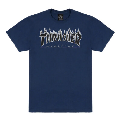 Thrasher Magazine FLAMES LOGO Skateboard T Shirt NAVY w/GREY/WHITE Outline