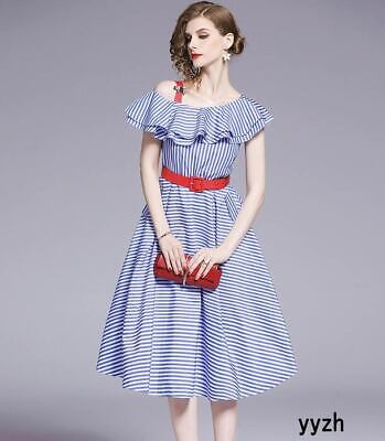 Spring&Summer Fashion Women Off Shoulder Ruffled Casual Striped Dress with Belt