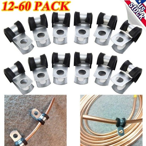 60PC 3/16" P Clip Metal Fuel Pipe Clamps Rubber Line Brake Clip Hose Mounting