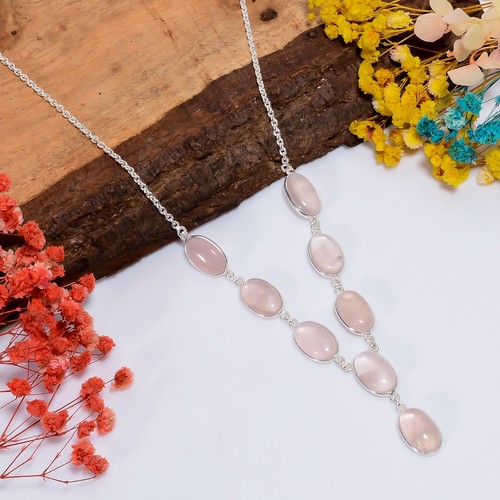 Natural Rose Quartz Gemstone 925 Sterling Silver Handmade Necklace 17" For Women - Picture 4 of 10