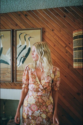 BILLABONG Salty Blonde Bronze Hello There Floral Maxi Dress Cotton Puff Sleeve L - Picture 5 of 24