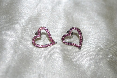 Pink Crystal Heart Stud Earrings Anniversary Valentine Wife Marriage Mother Mom - Picture 2 of 3