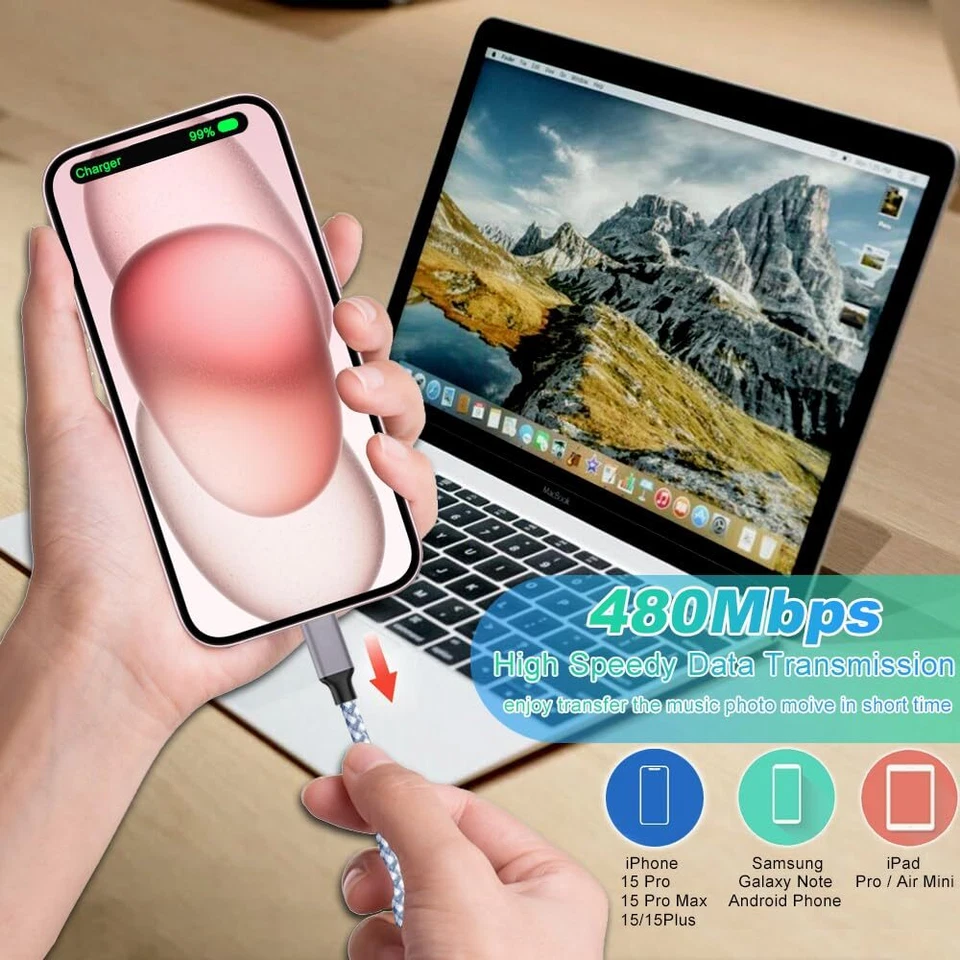 Paquete de 5 cables cargadores trenzados USB C a tipo C carga rápida sincronización de datos 3/6/10 pies Foto 4 de 4